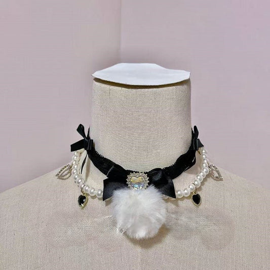 Heart Rhinestone Bow Choker Lace 6 Colors with Pendant