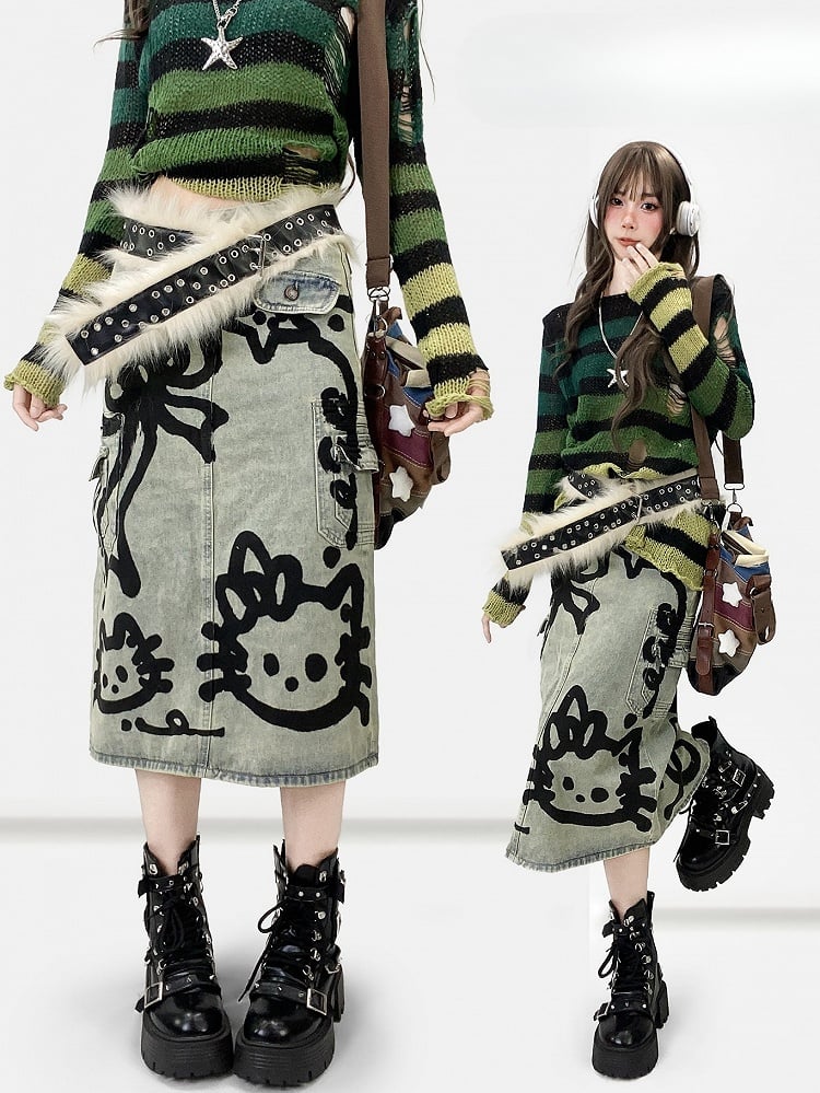 Y2K リボン付きキティスカート デニムプリント ブルー