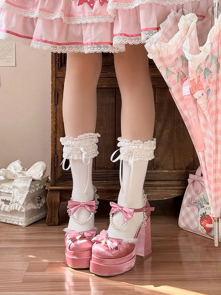Kawaii Pink Pearl Chain & Lace Bow Accent 5cm Platform Round Toe Shoes - Witch's Night