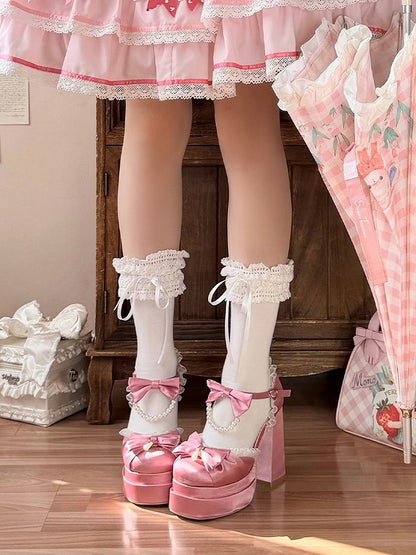 Kawaii Pink Pearl Chain & Lace Bow Accent 5cm Platform Round Toe Shoes - Witch's Night