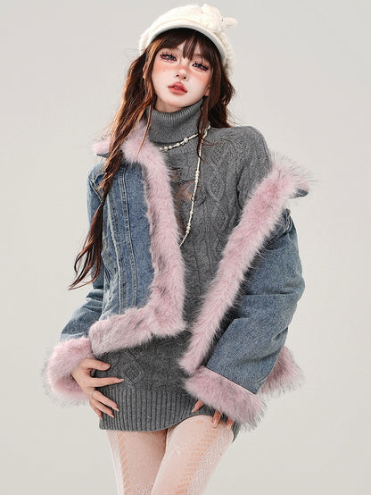 ブルーフェイクファートリム厚手デニムジャケット