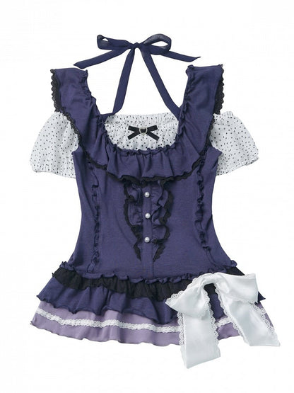 Dark Blue Polka Dot Puff Sleeve Top with Bow - PINK SAVIOR