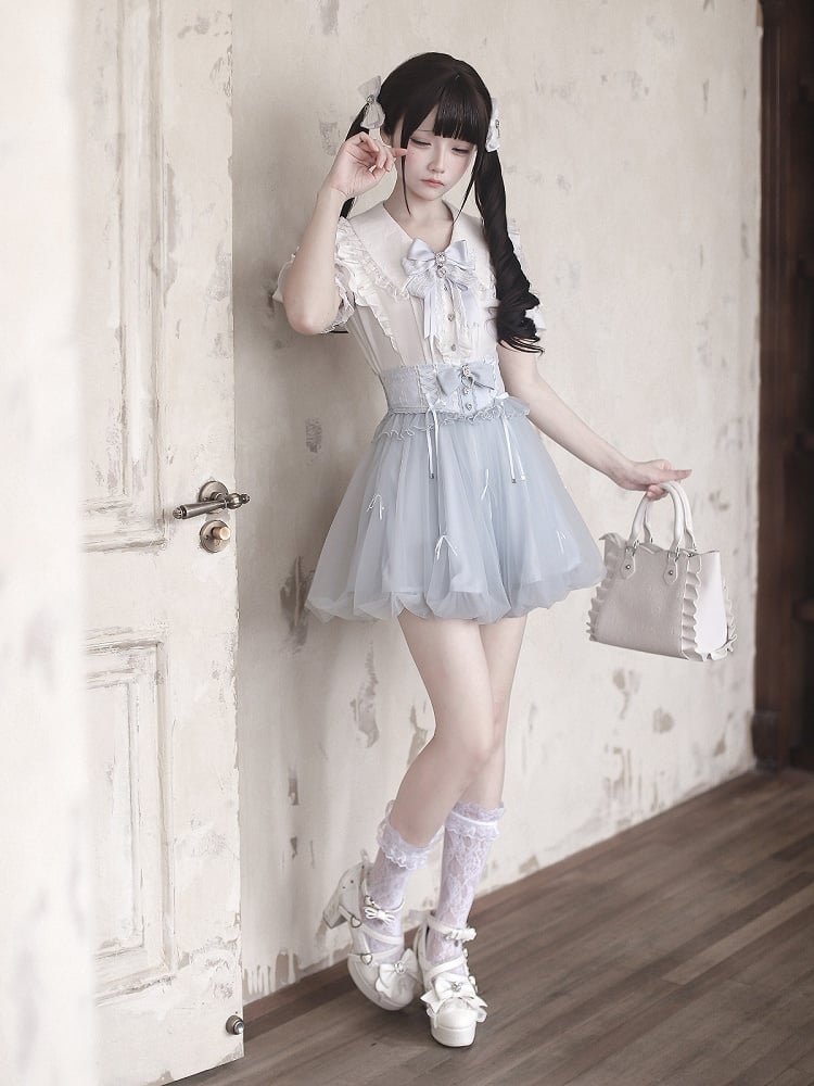 Blue Bubble Skirt with Detachable Rhinestone Bow - Ekomi