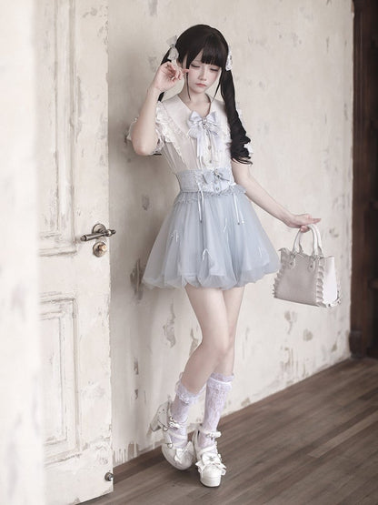 Blue Bubble Skirt with Detachable Rhinestone Bow - Ekomi