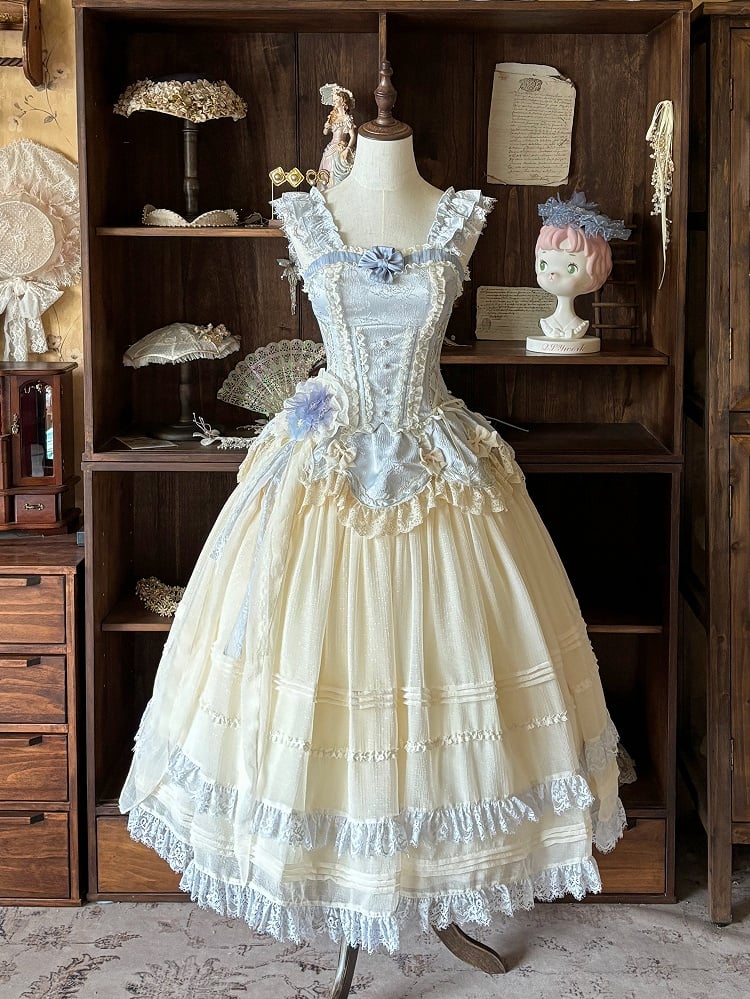 Classic Long Corset Blue Boned Lolita Beige Top Skirt Elegant + Jacquard Set