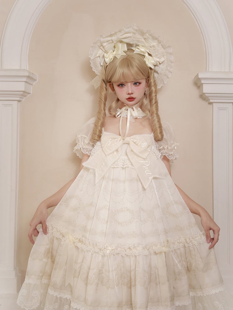 Ärmel bestickt Print Schleife Creme Ausschnitt Kleid Puff Lolita Weiß Big Creamy