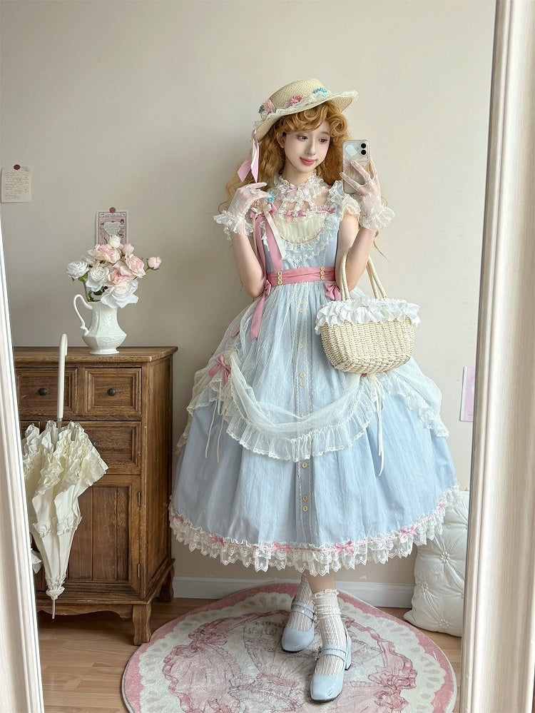 Version Lolita Long Lace Classic with Elegant and Blue Dress Bow Details