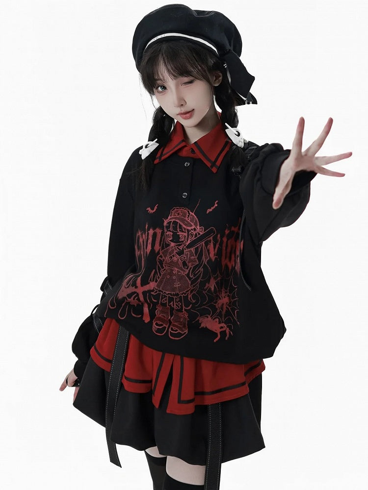 and Anime Graffiti Print Techwear-Style Straps with Girl Letter Snap Detachable Black/White Sweatshirt