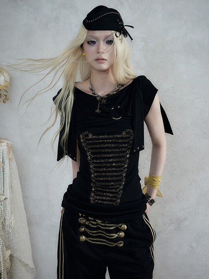 Black Knit Short-Sleeve Top with Rhinestone Design - NO ROMANCE