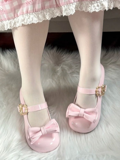Low-heel Bow Round Lolita Toe Buckle Detail Adorable Shoes with Decor Mary Pink Cat Janes -