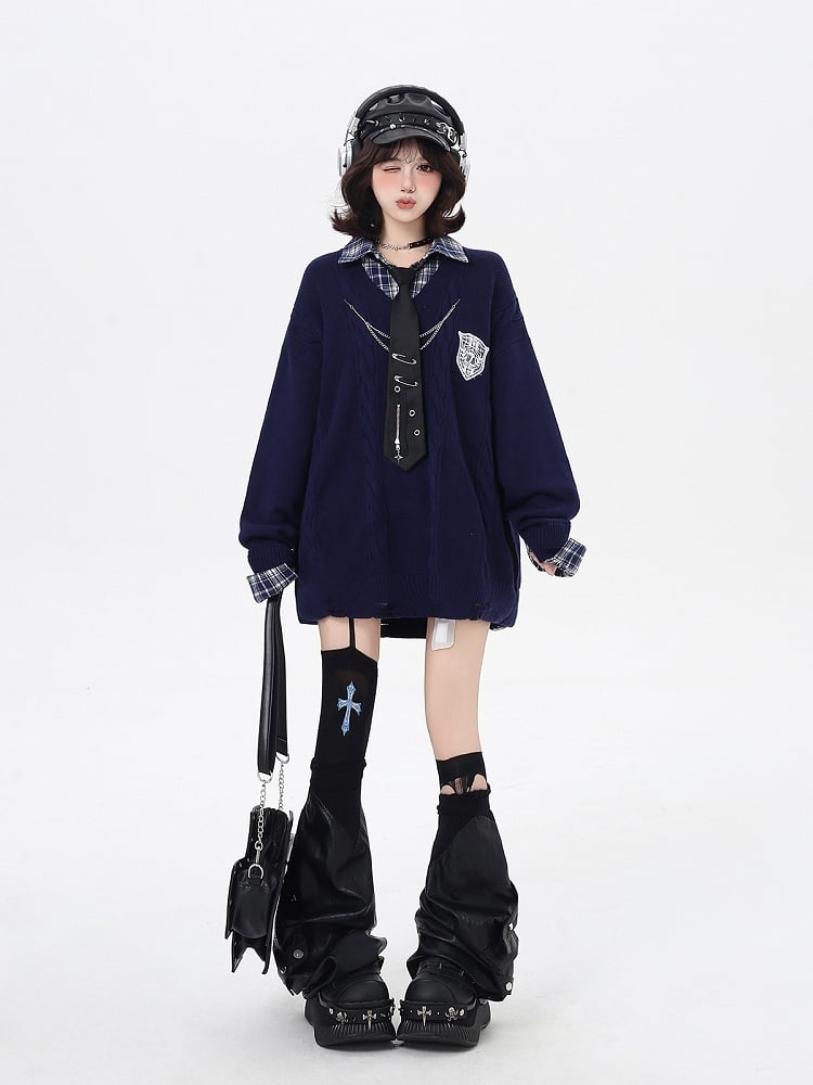 Sweater Retro Gray / Navy Academic Blue Loose Fit Plaid