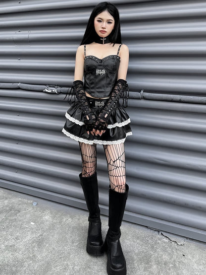 Black Studs Design Punk Rock High Waist Tiered Mini Skirt Lace Trim