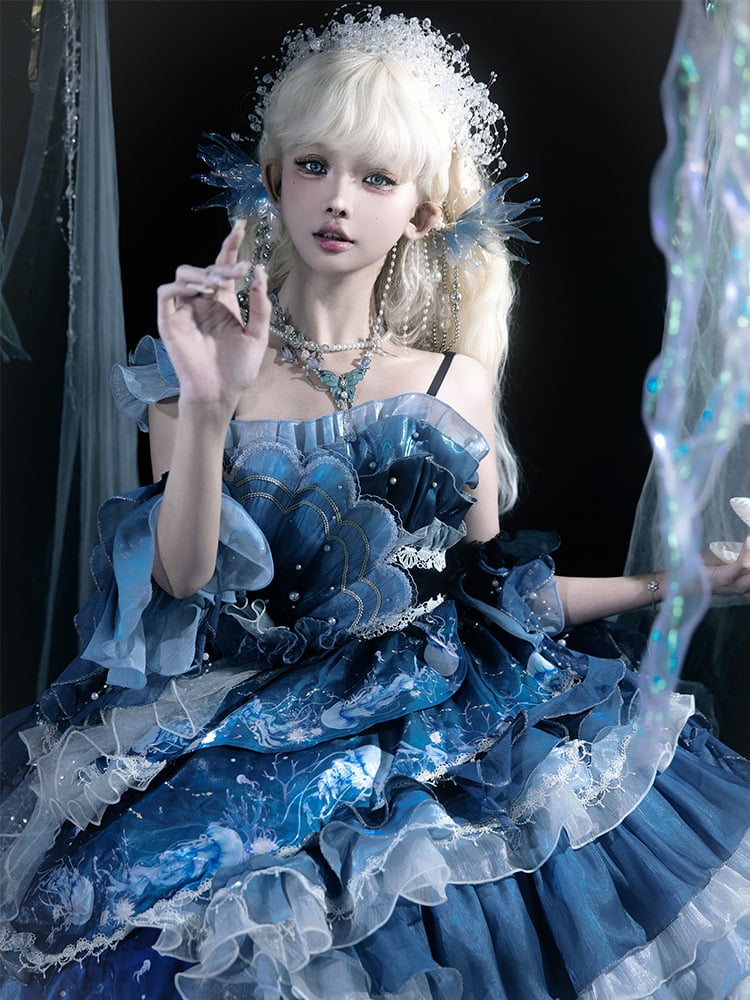 Ruffles Accents Lolita Jellyfish-Inspired Blue Full Set Dress and Bead Gradient with Layered