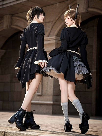 Vampirprinz Ouji Lolita-Komplettset – schwarzes Oberteil mit Schwalbenschwanz und langen Ärmeln + graue Pumphosen-Shorts + rote Jabot-Brosche