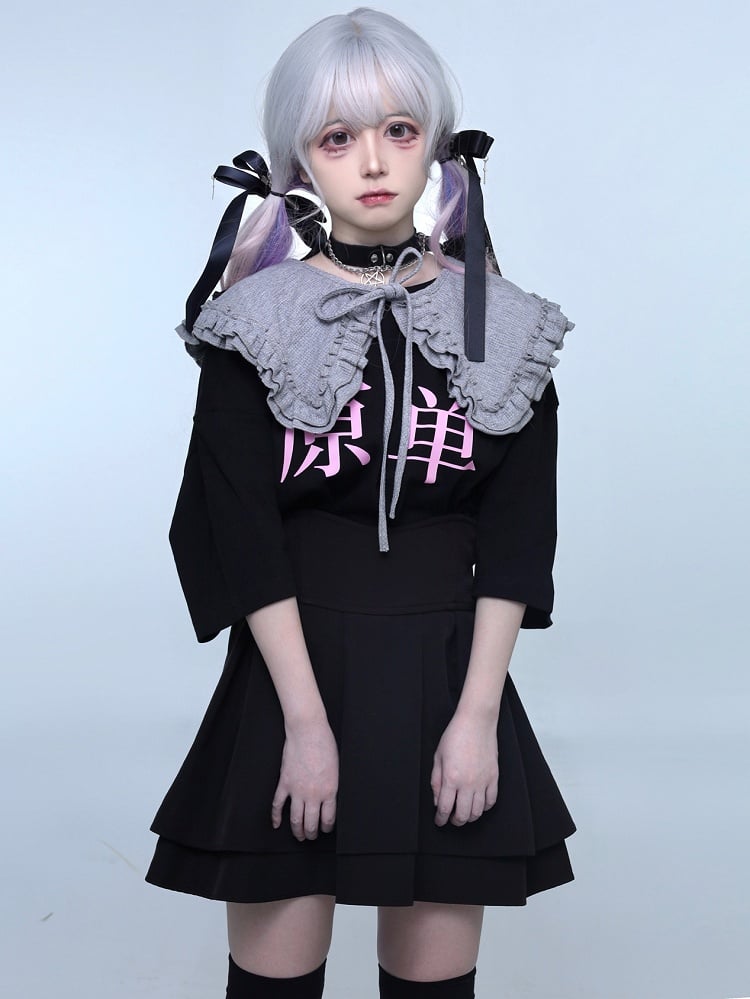 Jirai Oversized Black T-shirt Round Kei Neck Graphic