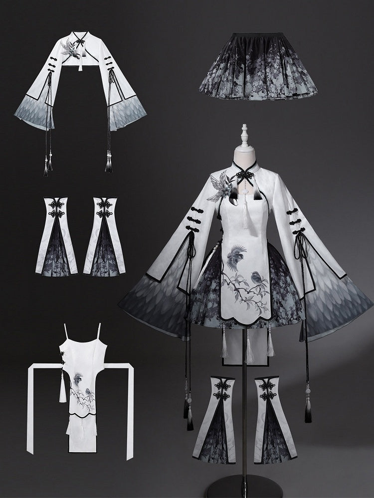 Hanfu-Inspired Plum Blossom Crop Top Set with Tassel Dress, Splatter Skirt, Leg Warmers - Han Ru Chu Hanfu & Han-Element Studi