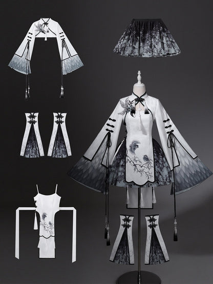 Hanfu-Inspired Plum Blossom Crop Top Set with Tassel Dress, Splatter Skirt, Leg Warmers - Han Ru Chu Hanfu & Han-Element Studi