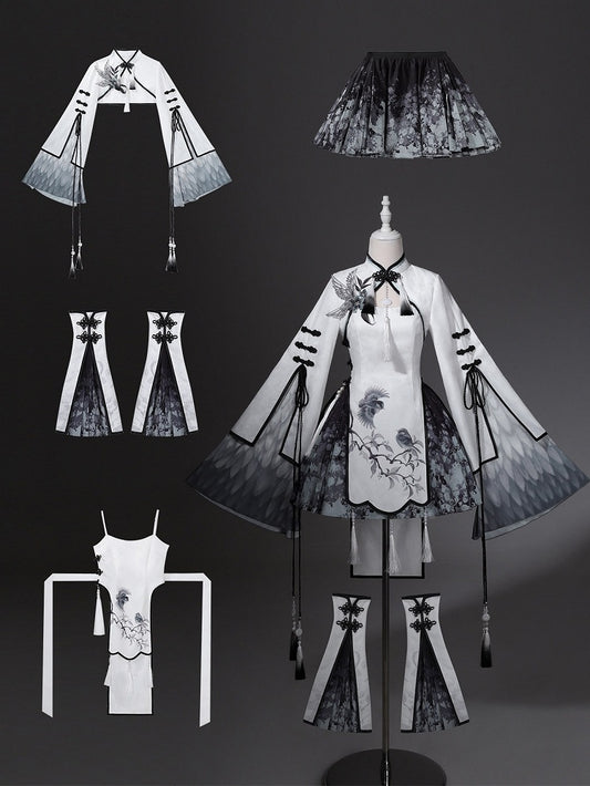 Hanfu-Inspired Plum Blossom Crop Top Set with Tassel Dress, Splatter Skirt, Leg Warmers - Han Ru Chu Hanfu & Han-Element Studi