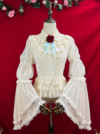 Apricot Bell Sleeves Tiered Scalloped Eyelet Trim Hemline Blouse with Lace Jabot Tie