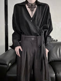 Belt Long Style Shirt Sleeve Self-tie Black Cheongsam