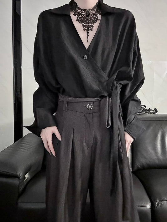Belt Long Style Shirt Sleeve Self-tie Black Cheongsam