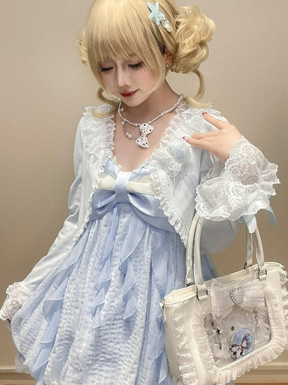 Blue Bow Cardigan with Lace Trim - Tan Tuan