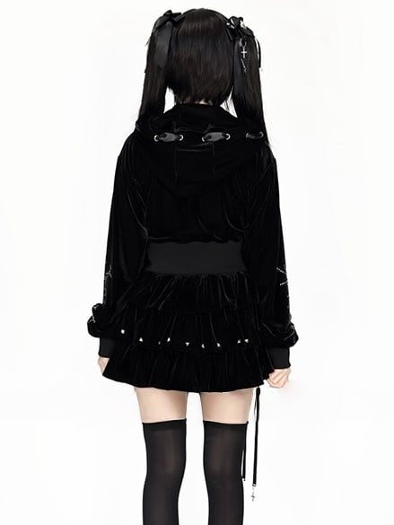 Kei Velvet Black Lace-Up Jirai Stud-Decorated Hoodie Dark