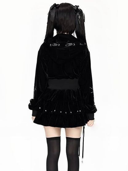 Kei Cross-Decorated Velvet Studs Dark Lace-Up Black Jirai Multi-Layer with Skirt