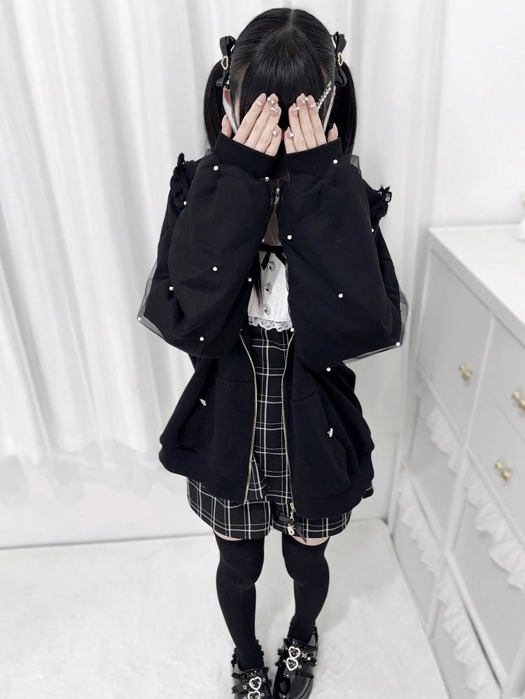 Hood Jirai Ear Kei Hoodie: Style Beaded Bunny Zip-Up Black Sleeve