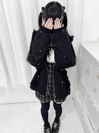 Hood Jirai Ear Kei Hoodie: Style Beaded Bunny Zip-Up Black Sleeve