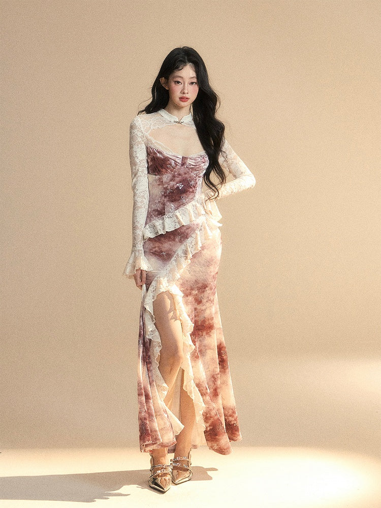 Seitlichem Ziegelrot Schlitz Vintage Saum Kleid Ärmel Cutout Detail Spitze Patches Rüschen