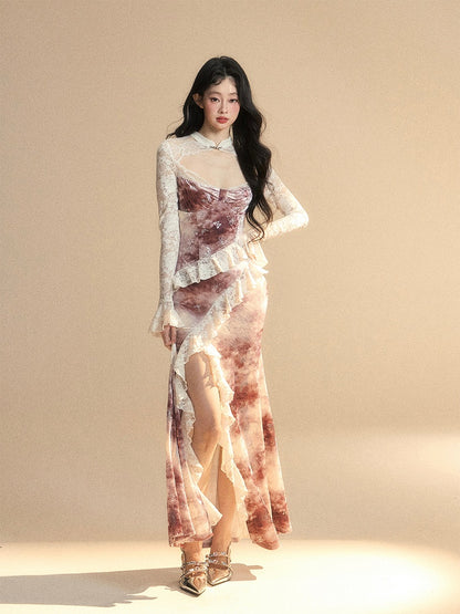 Seitlichem Ziegelrot Schlitz Vintage Saum Kleid Ärmel Cutout Detail Spitze Patches Rüschen