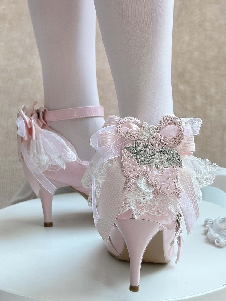 Light Elegant with PU Pink Bows High Leather Lolita Heels