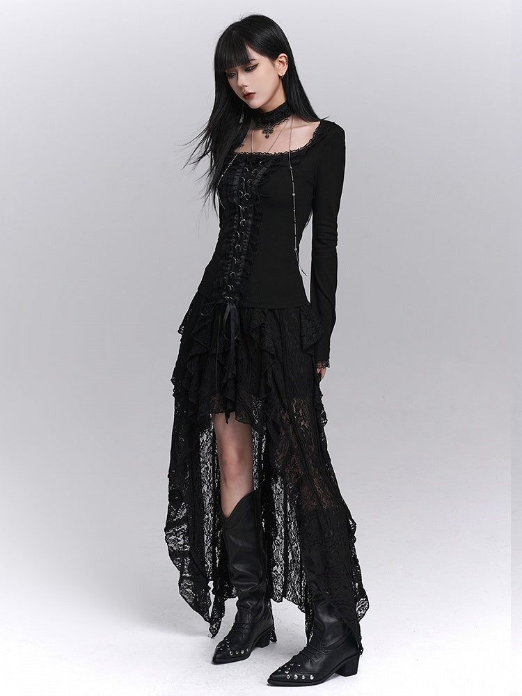 Hem High-Low Skirt Black Gothic Halloween Cascading Asymmetrical with Ruffle