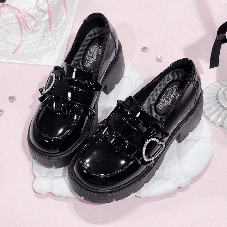 Black Chunky Platform Loafers with Beaded Sweetheart - Sarina