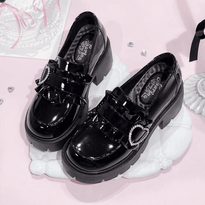 Black Chunky Platform Loafers with Beaded Sweetheart - Sarina