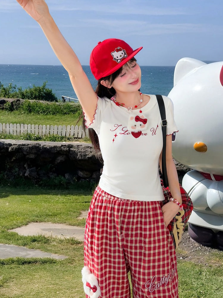 キティのぬいぐるみ付きパンツ（レッドチェック柄）ウエストゴムワイドレッグカジュアル