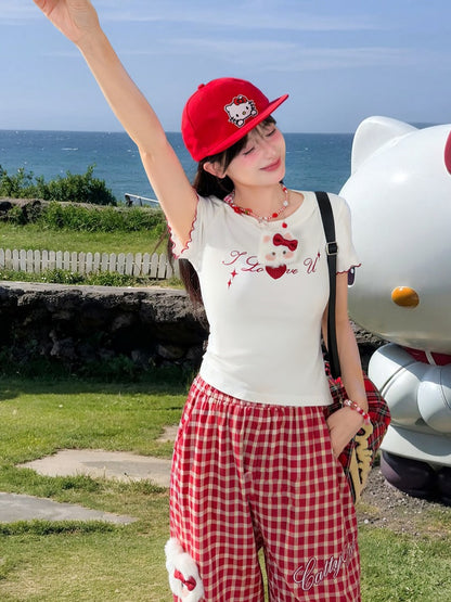 キティのぬいぐるみ付きパンツ（レッドチェック柄）ウエストゴムワイドレッグカジュアル