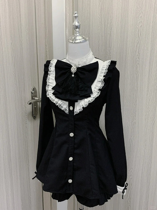 Big Jirai Kei Schwarz Abnehmbare Set Lange Bogen Kleid + Shorts Jabot Kragen und Ärmel Mini