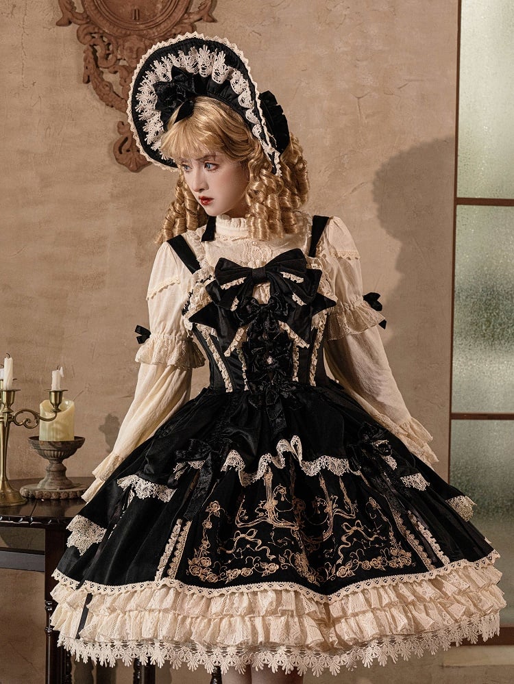 Schwarzes Lolita-Kleid mit Kerzenschleifen und Samt JSK / Dekorationsstickerei