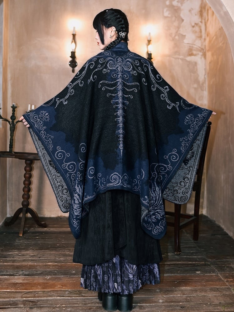 Navy Blue Koi Fish Print Gothic Shawl - Japanese Style Wrap | LilyVow
