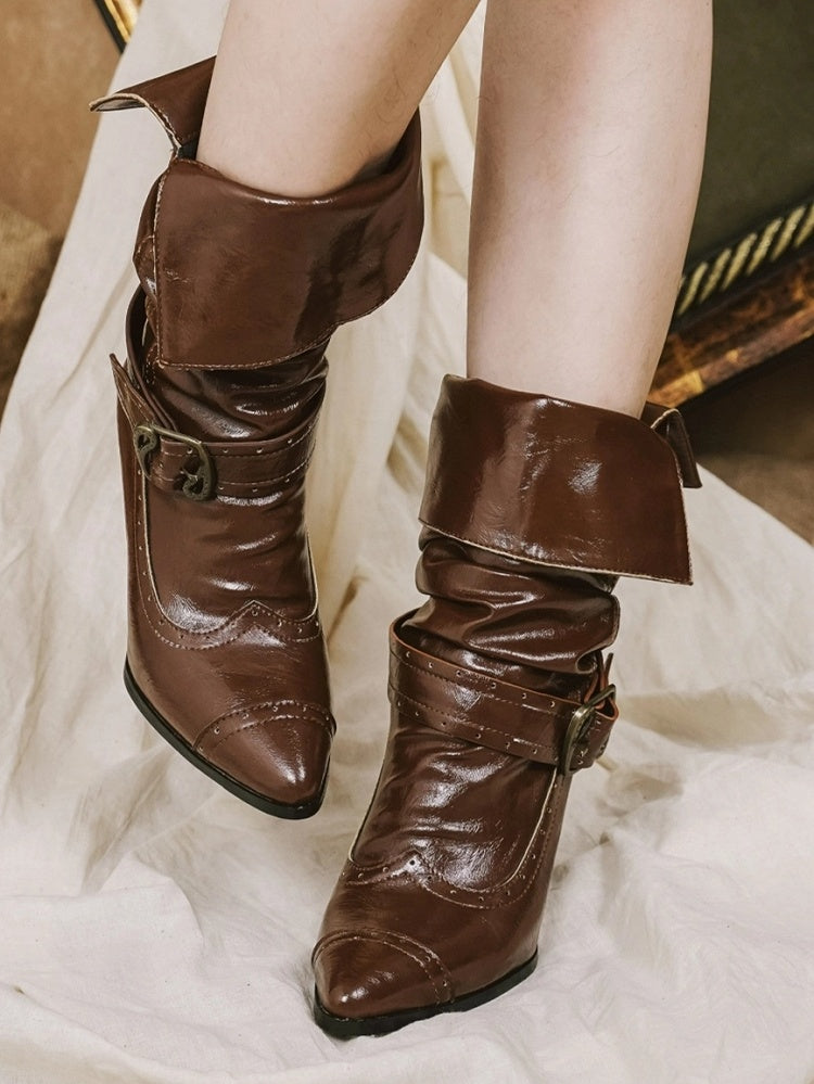 Light Brown 7.5cm Stacked High-Heel Slip-On Boots with Collapsible Shaft & Ornate Clasps - Dita Lolita Shoes