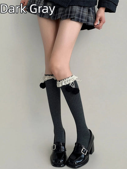 Stockings (5 Ruffle Pom-Pom Lace Trim Ribbed Colors)