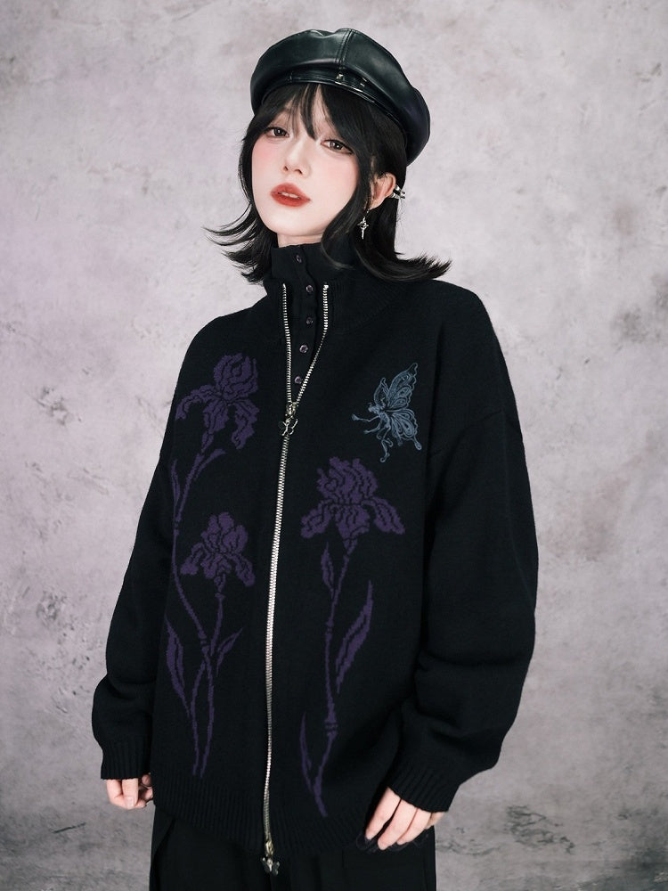 Iris Pattern Gothic Black Double Zipper Sweater Jacket - Quirky Hut