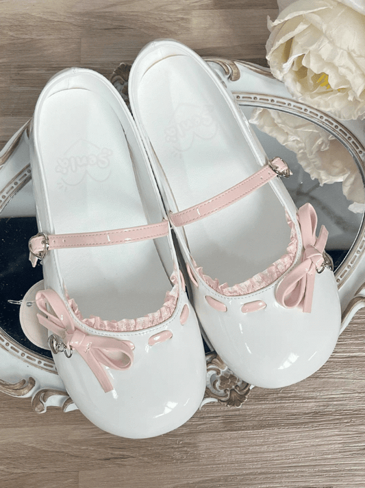 Lace Trim PU Charm Lolita Bow with in Toe Round Flats Heart Pink Decorative