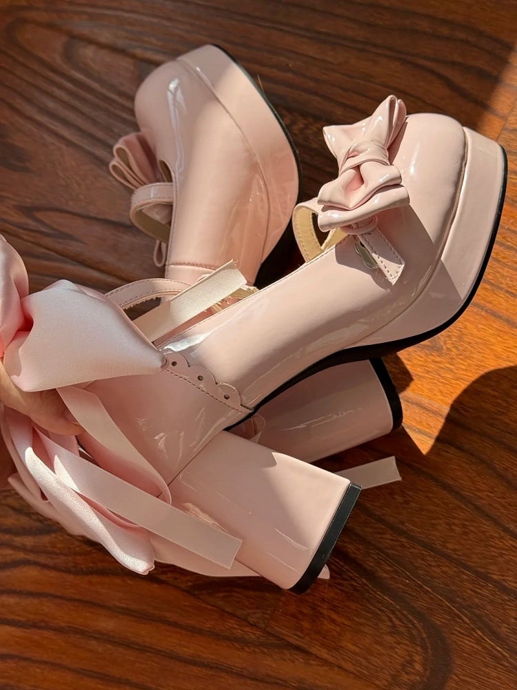 Lolita Mary Elegant with Pink Design High-heel Snap Bows Detachable Janes