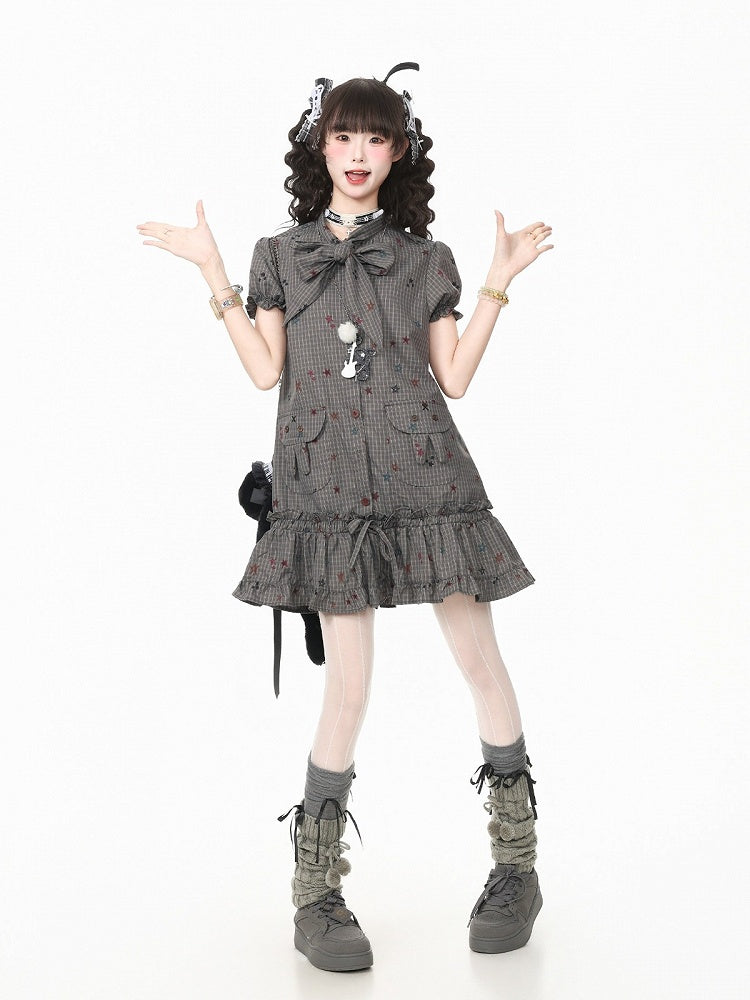 Gray Star Print Plaid Puff Sleeve Dress with Bow & Bunny Ear Pockets - Languid Park