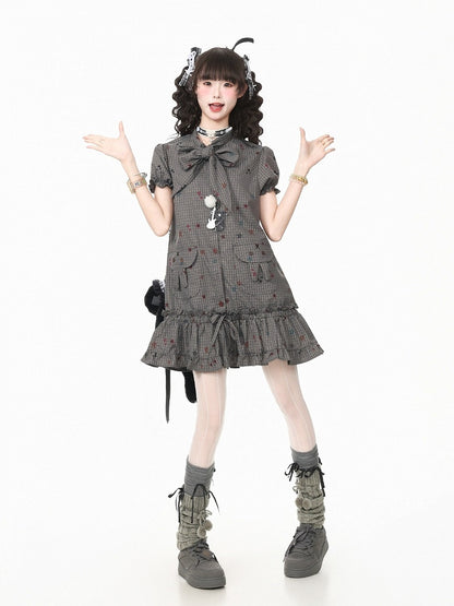 Gray Star Print Plaid Puff Sleeve Dress with Bow & Bunny Ear Pockets - Languid Park