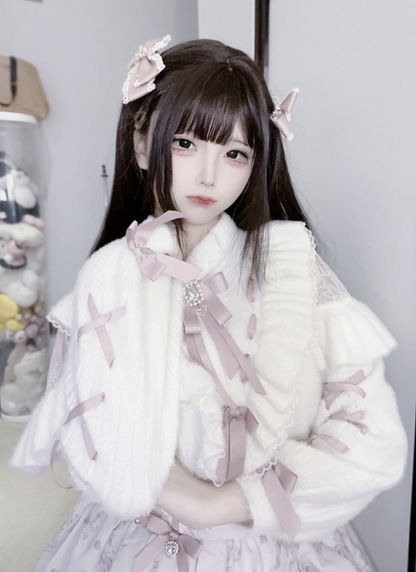 Soft Lace Top: in Faux White Jirai Kei Knit Criss-Cross Shoulder Pink Cutouts Sleeve Style Mink