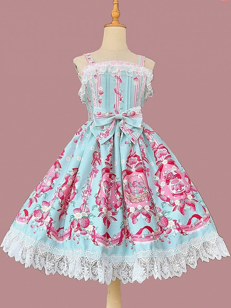 shaped Dress Print Pink Lolita with Strawberry Sweet Blue Trim Heart JSK Lace